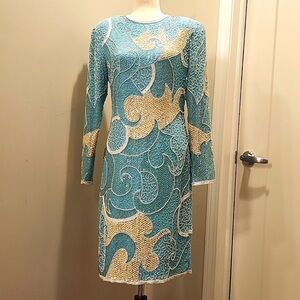 Vintage 100% silk art deco fully beaded sequin shift midi dress 10